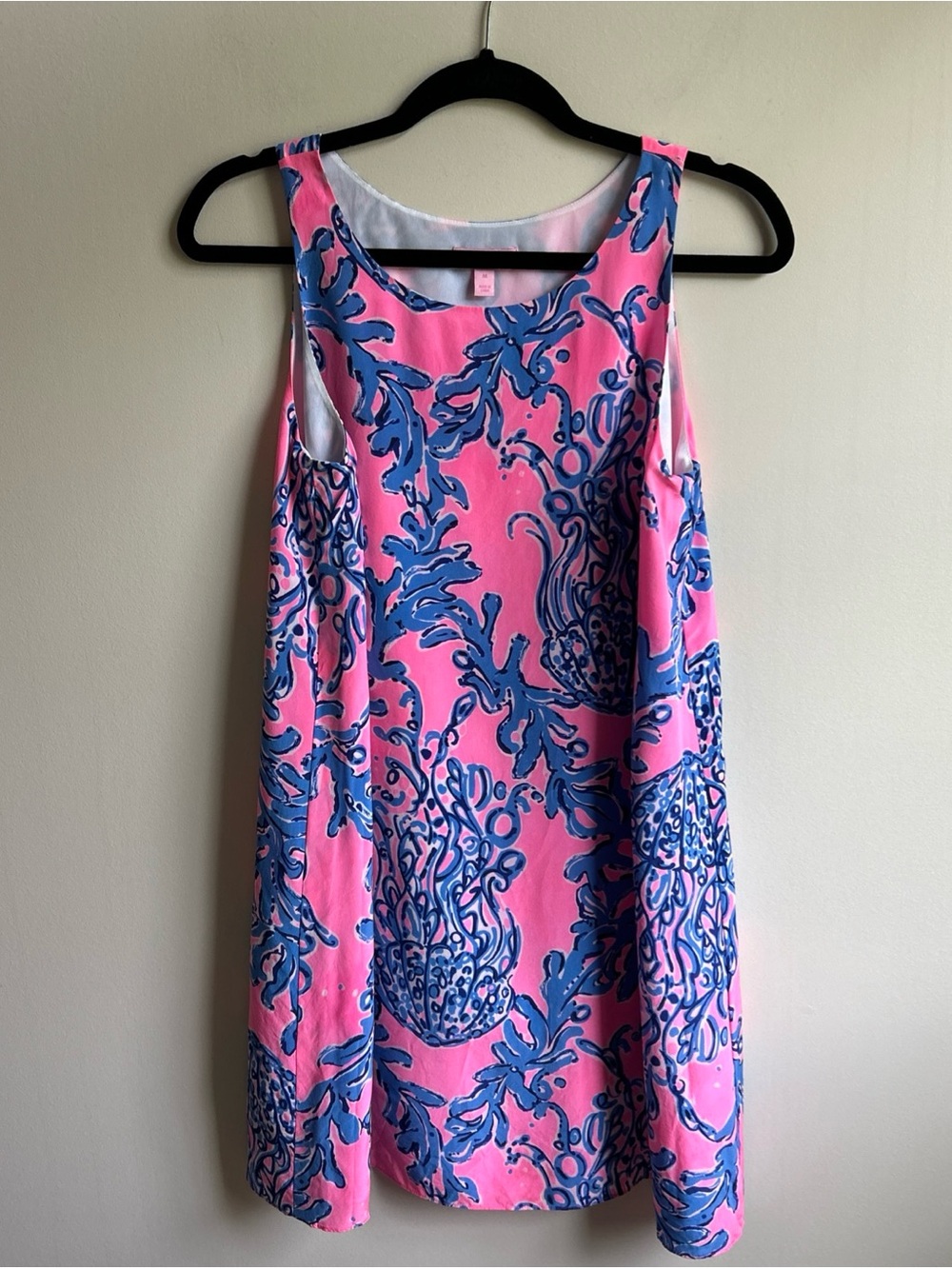 Lilly Pulitzer Pink Dress with Blue Scroll Print 100% Silk Lined